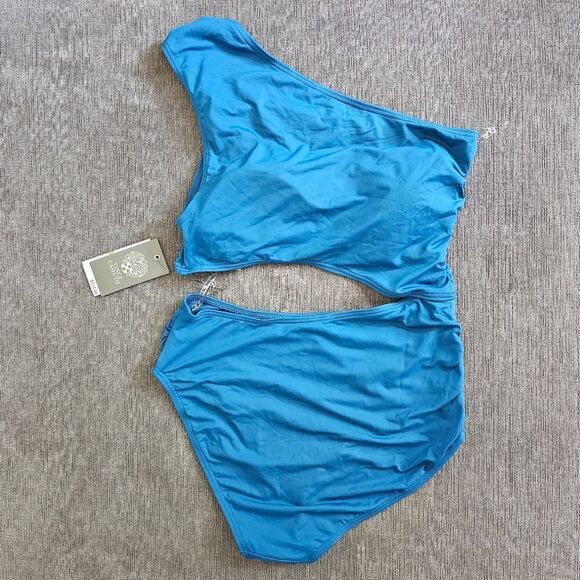 Vince Camuto Azure Blue Asymmetric knotted neck cut out side swimsuit Sz 10 - Picture 4 of 10